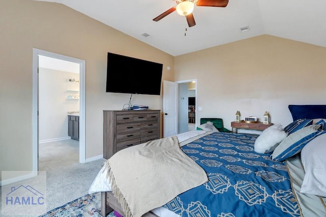 bedroom featuring vaulted ceiling, a ceiling fan, baseboards, carpet flooring, and visible vents