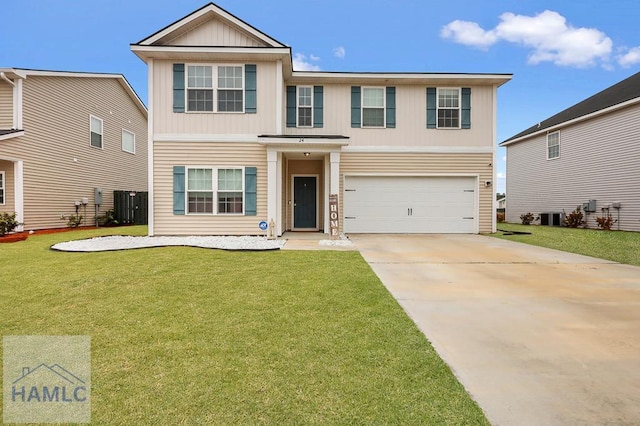 view of front facade featuring driveway, a front yard, central air condition unit, and a garage