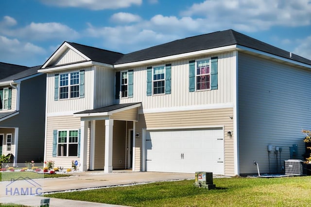 view of front of home with an attached garage, cooling unit, and concrete driveway