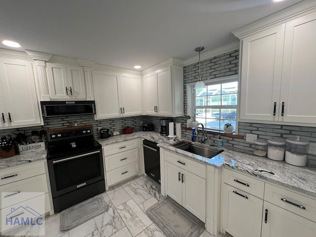 3520 Waycross Hwy, Jesup, GA 31545 - kitchen featuring black appliances, light marble finish floors, white cabinetry, tasteful backsplash, and recessed lighting