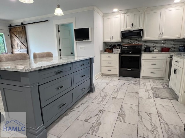 3520 Waycross Hwy, Jesup, GA 31545 - kitchen featuring black appliances, gray cabinets, white cabinetry, light marble finish flooring, and backsplash