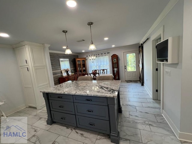 3520 Waycross Hwy, Jesup, GA 31545 - kitchen with light marble finish floors, gray cabinets, recessed lighting, crown molding, and a chandelier