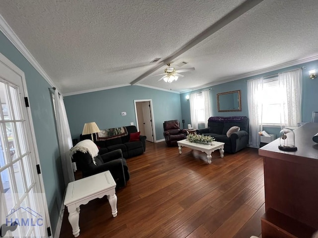 3520 Waycross Hwy, Jesup, GA 31545 - living room featuring ornamental molding, a ceiling fan, dark wood-style flooring, a textured ceiling, and lofted ceiling