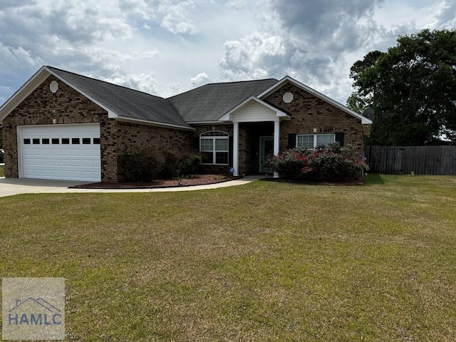 view of front of home with an attached garage, fence, brick siding, and concrete driveway