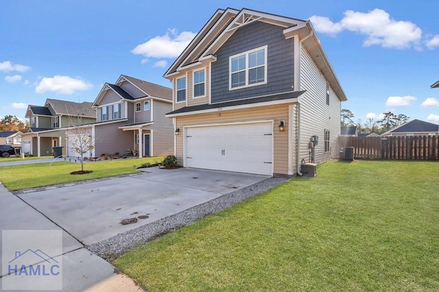 view of front of house featuring a garage, a front lawn, and cooling unit