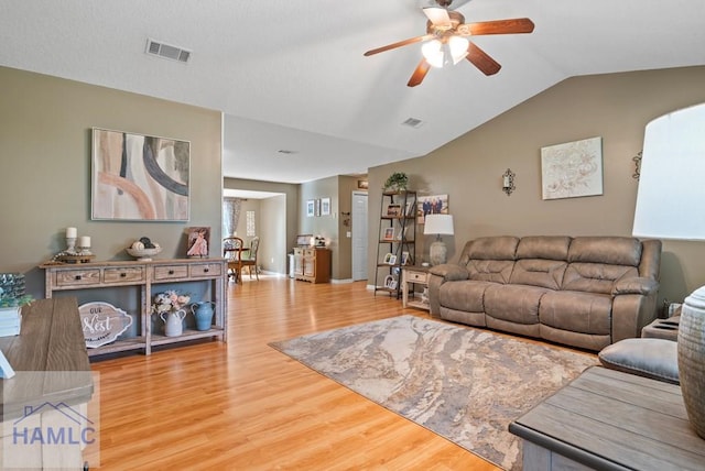 96 Palm Tree Pl, Jesup, GA 31545 - living room featuring a ceiling fan, wood finished floors, and vaulted ceiling