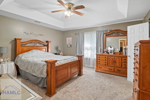 96 Palm Tree Pl, Jesup, GA 31545 - bedroom with a tray ceiling, light carpet, and a ceiling fan