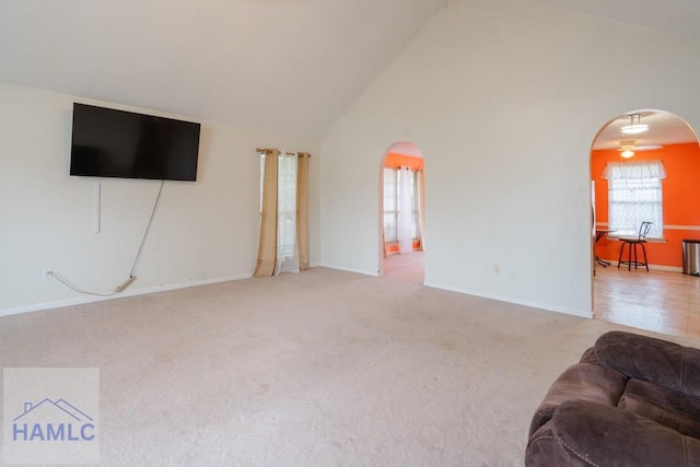 carpeted living room with plenty of natural light and high vaulted ceiling