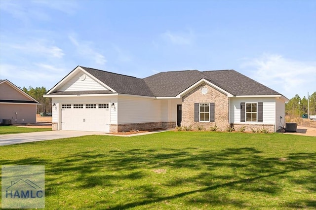 single story home featuring a front yard, driveway, central AC, a garage, and brick siding