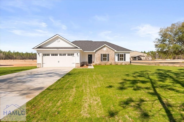 view of front of house with a front lawn, brick siding, a garage, and driveway