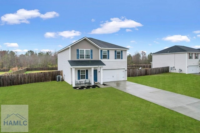 traditional-style home featuring a front yard, central AC, fence, and driveway