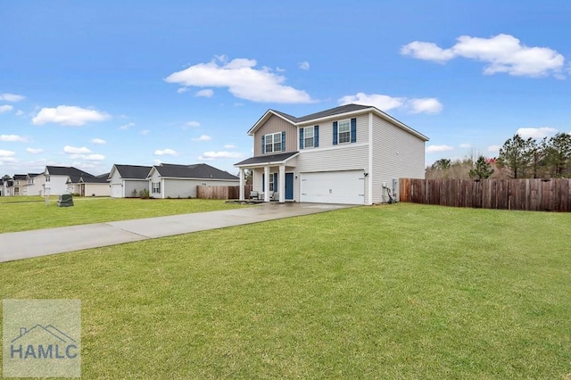 view of front of property with driveway, a front yard, a garage, and fence