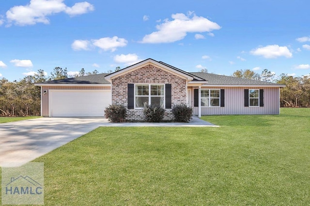 ranch-style home featuring an attached garage, a front yard, concrete driveway, and brick siding