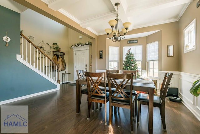 dining space featuring coffered ceiling, beam ceiling, dark wood-type flooring, and an inviting chandelier