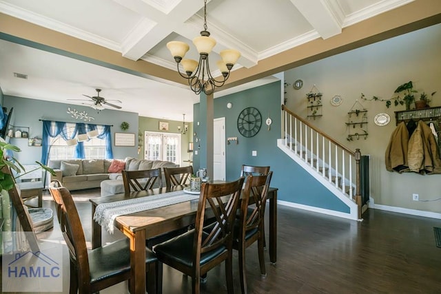 dining space featuring crown molding, coffered ceiling, beamed ceiling, and ceiling fan with notable chandelier