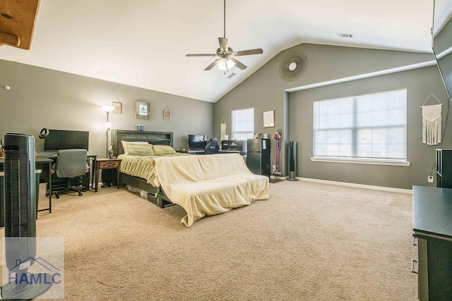 bedroom featuring carpet flooring, vaulted ceiling, and ceiling fan