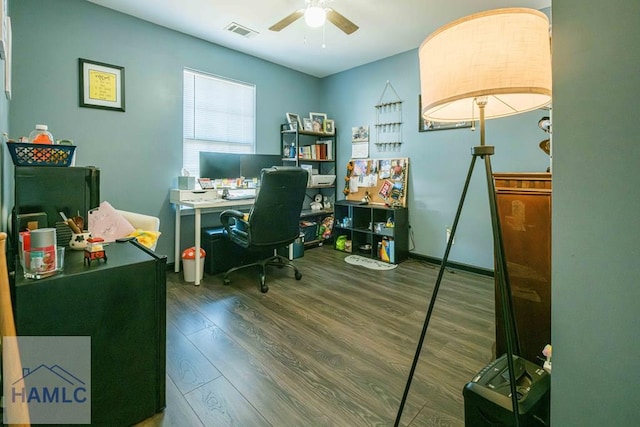 office area with ceiling fan and dark wood-type flooring