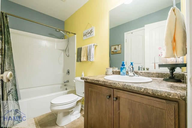 full bathroom featuring tile patterned floors, vanity, toilet, and shower / bath combo with shower curtain