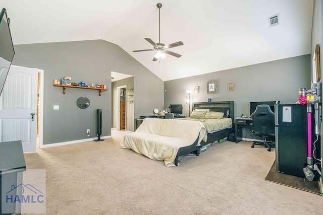 bedroom featuring carpet, vaulted ceiling, and ceiling fan