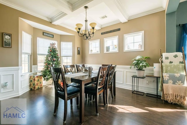 dining area with dark hardwood / wood-style floors, beam ceiling, plenty of natural light, and a chandelier