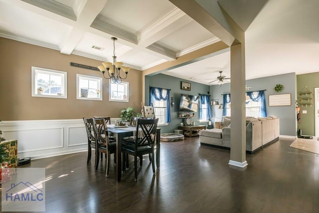 dining space with dark hardwood / wood-style flooring, coffered ceiling, ceiling fan with notable chandelier, crown molding, and beamed ceiling