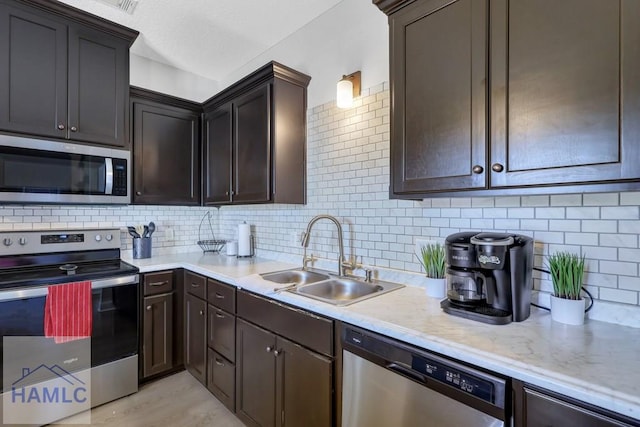 kitchen with decorative backsplash, sink, stainless steel appliances, and dark brown cabinets