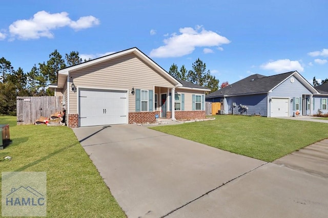 single story home featuring a front yard and a garage