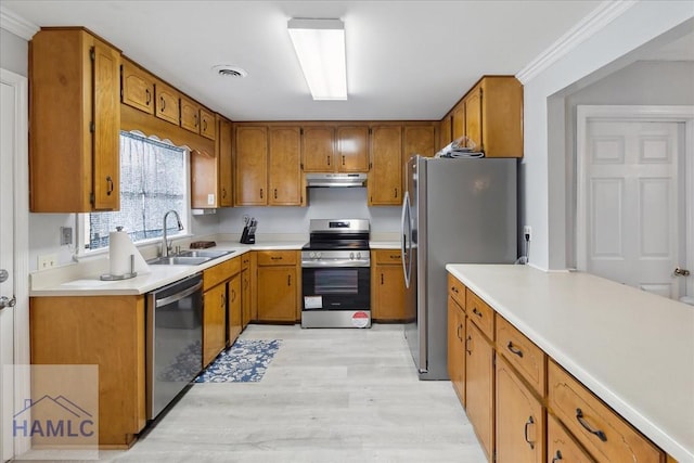 kitchen featuring crown molding, sink, light hardwood / wood-style flooring, and appliances with stainless steel finishes