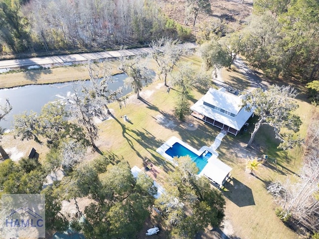 aerial view featuring a water view