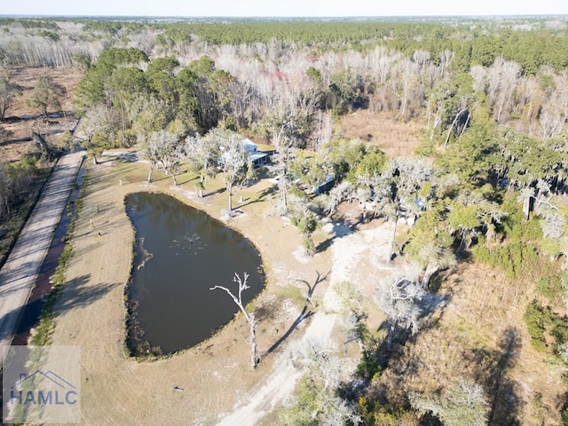 birds eye view of property featuring a water view and a wooded view