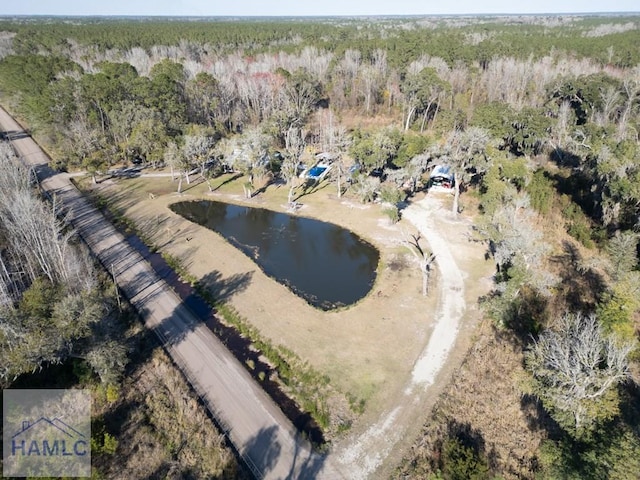 drone / aerial view featuring a water view and a view of trees