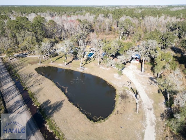 aerial view featuring a water view and a view of trees