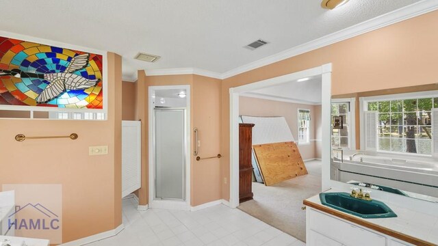 7 S Lake Dr, Jesup, GA 31546 - full bath with a shower stall, tile patterned flooring, visible vents, crown molding, and baseboards
