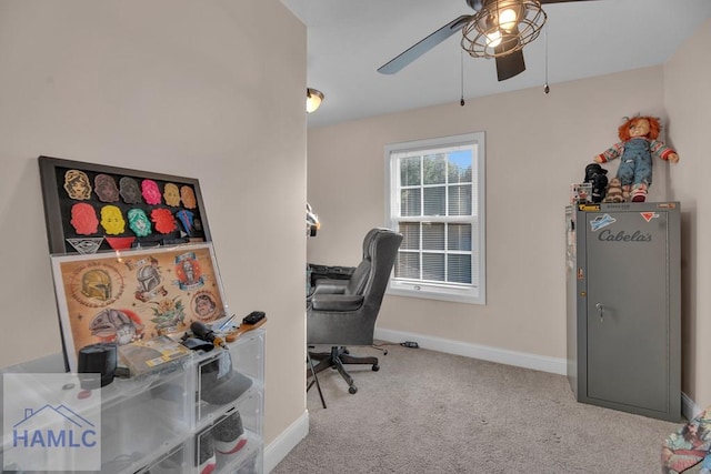 office space with light carpet and ceiling fan