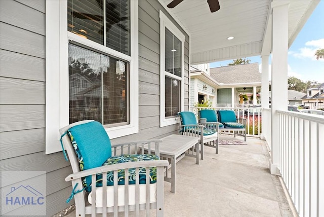 exterior space featuring ceiling fan and covered porch