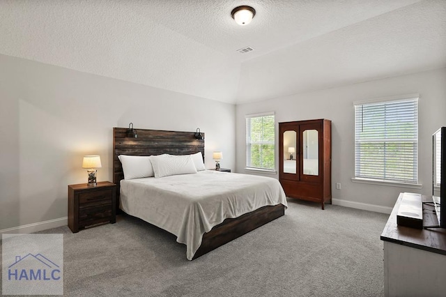 1201 Grayson Ave, Hinesville, GA 31313 - bedroom featuring baseboards, light carpet, vaulted ceiling, and a textured ceiling