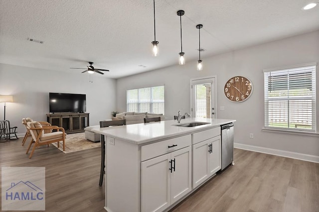 1201 Grayson Ave, Hinesville, GA 31313 - kitchen with a sink, stainless steel dishwasher, light wood-type flooring, ceiling fan, and decorative light fixtures