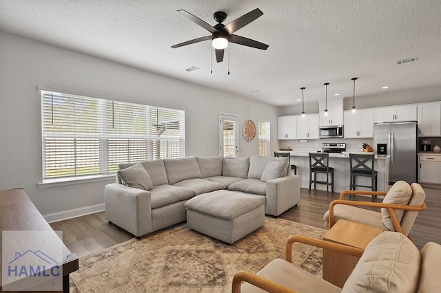 1201 Grayson Ave, Hinesville, GA 31313 - living area with wood finished floors, healthy amount of natural light, a ceiling fan, a textured ceiling, and recessed lighting