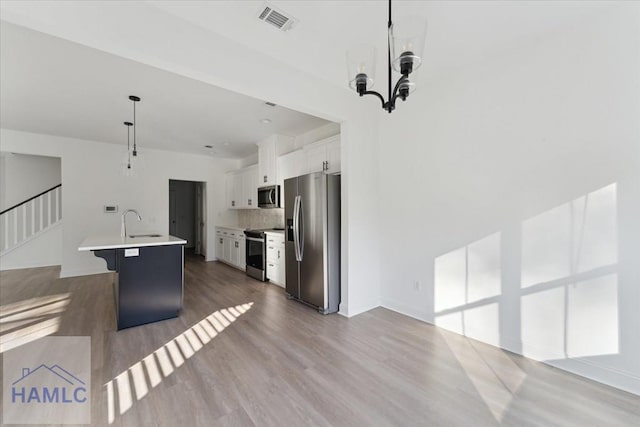 kitchen with a sink, visible vents, white cabinets, light countertops, and appliances with stainless steel finishes