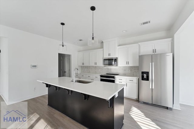 kitchen with a sink, visible vents, appliances with stainless steel finishes, decorative backsplash, and a center island with sink