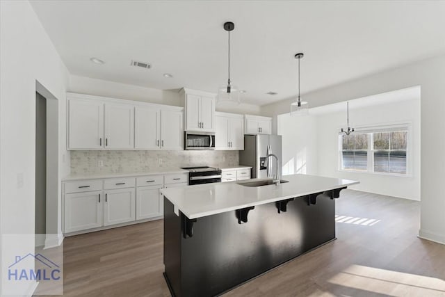 kitchen with tasteful backsplash, visible vents, appliances with stainless steel finishes, a kitchen island with sink, and a sink