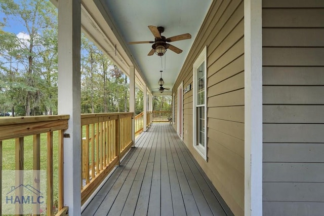 deck featuring ceiling fan and covered porch