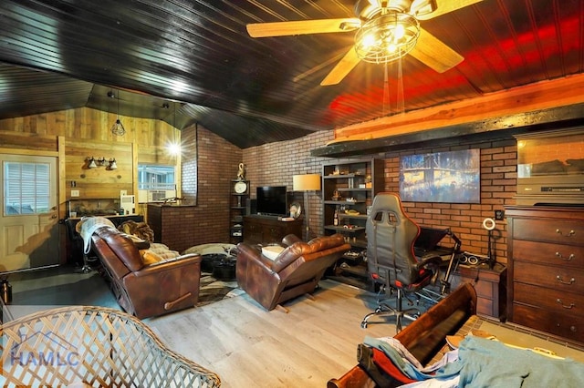 interior space featuring light wood-type flooring, brick wall, ceiling fan, wooden ceiling, and lofted ceiling