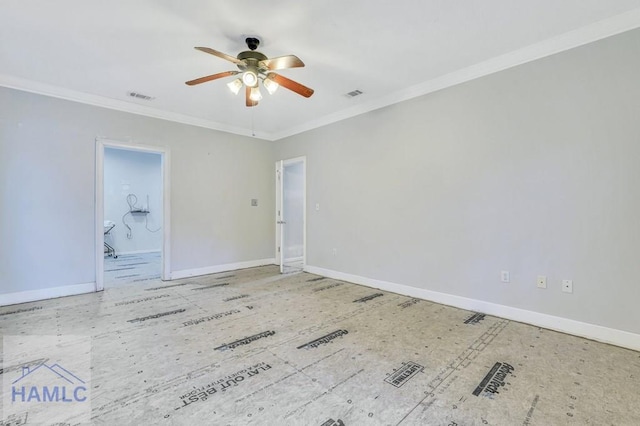 unfurnished room with ceiling fan and ornamental molding