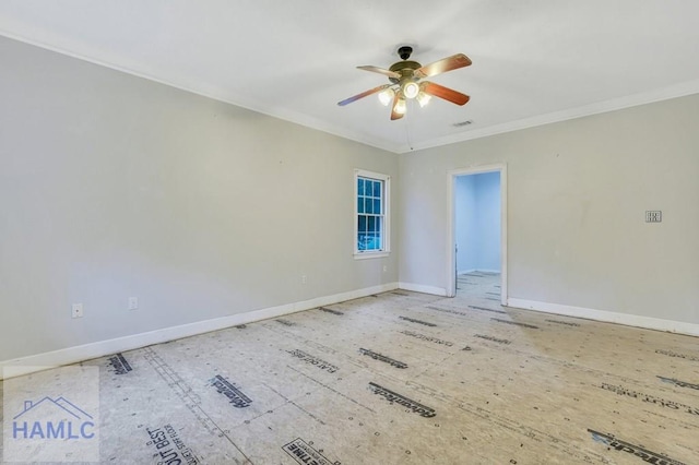 unfurnished room with ceiling fan and crown molding