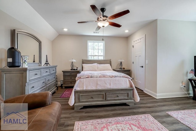 bedroom featuring baseboards, visible vents, a ceiling fan, wood finished floors, and recessed lighting