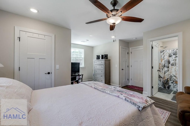 bedroom with ceiling fan, baseboards, wood finished floors, and recessed lighting