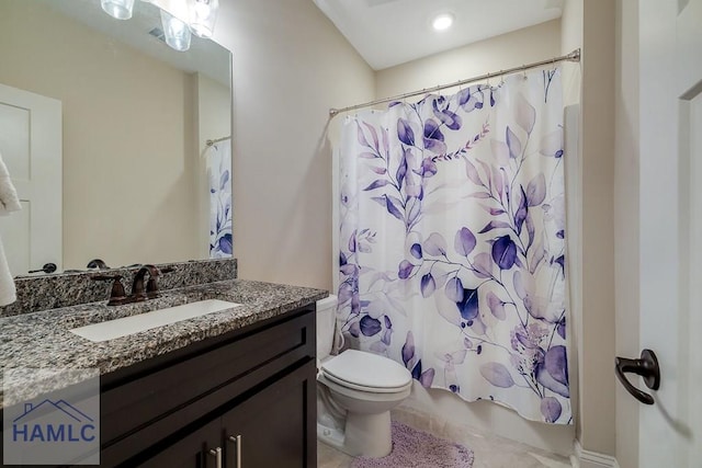 bathroom featuring vanity, toilet, and shower / tub combo with curtain