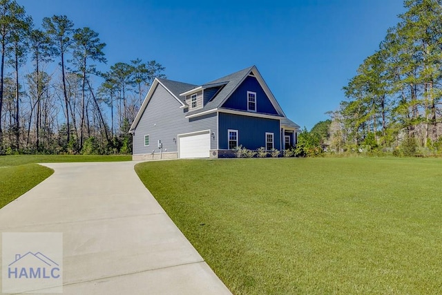 view of property exterior with driveway, a lawn, and an attached garage