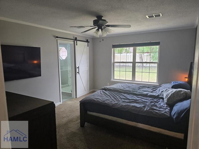1942 Salisbury Way, Hinesville, GA 31313 - bedroom featuring crown molding, a barn door, multiple windows, carpet floors, and a textured ceiling
